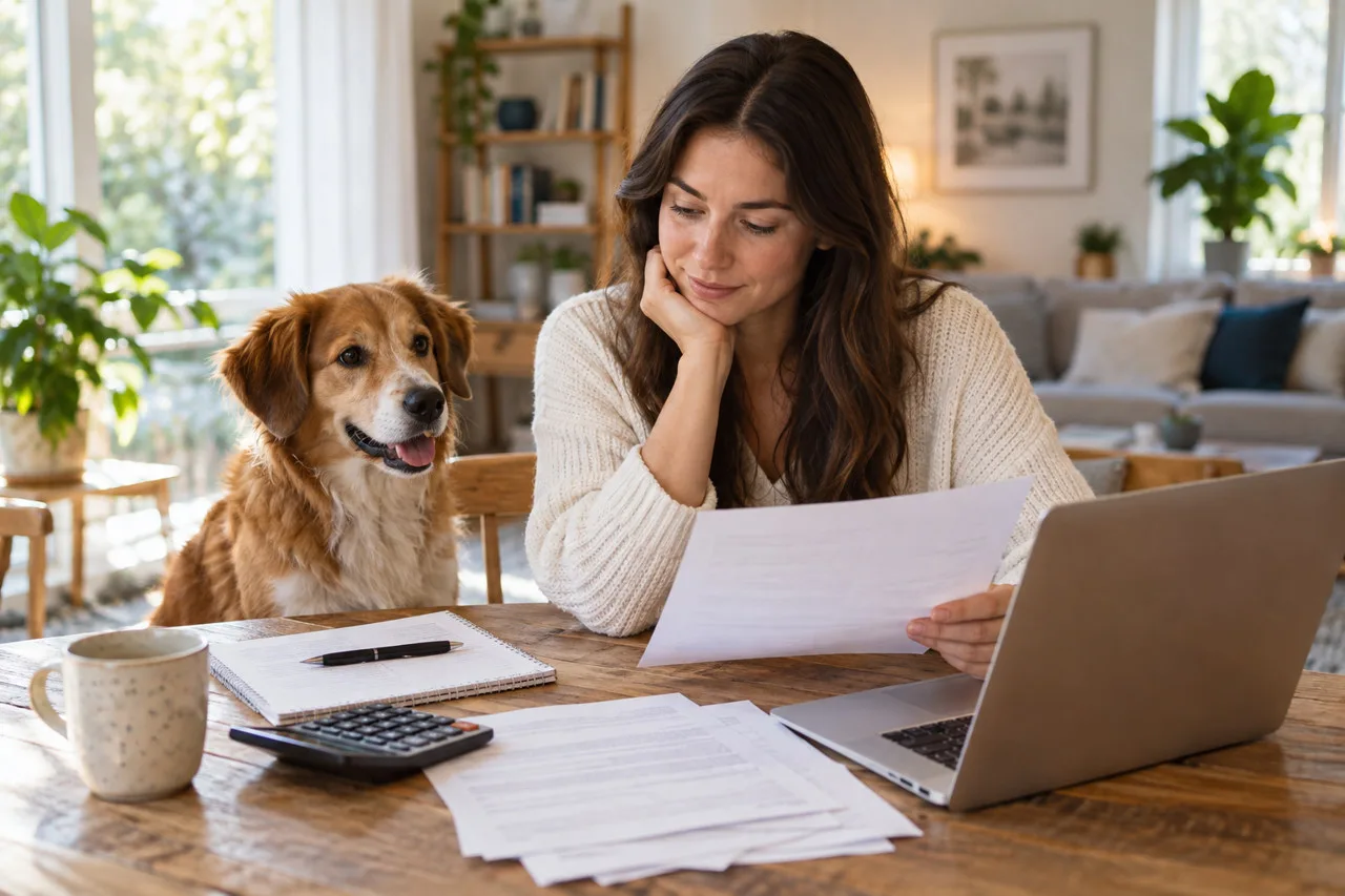 Owner reviewing papers at a table beside a dog